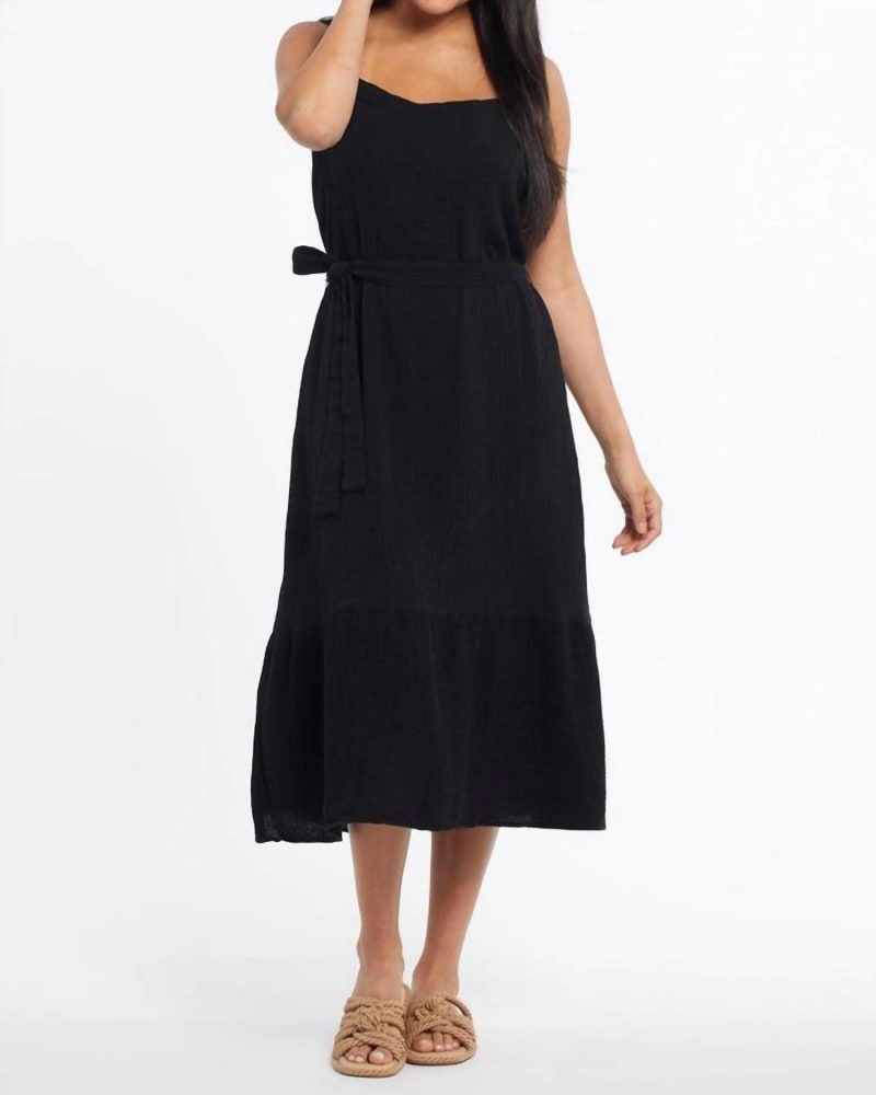 Front of a model wearing a size LARGE Cotton Gauze Dress In Black in Black by TRIBAL. | dia_product_style_image_id:350875
